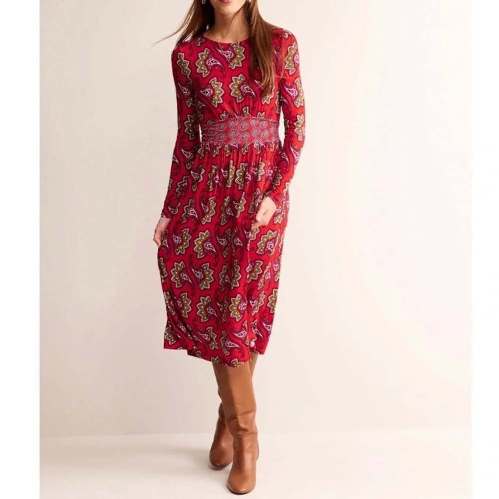 Boden Red Paisley Long Sleeve Empire Waist Midi Dress‎ with Pockets US 6P